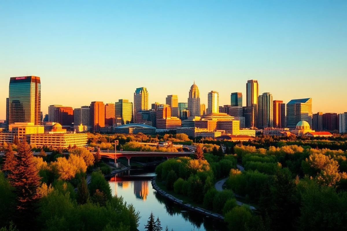 Downtown Edmonton skyline at golden hour above the river valley