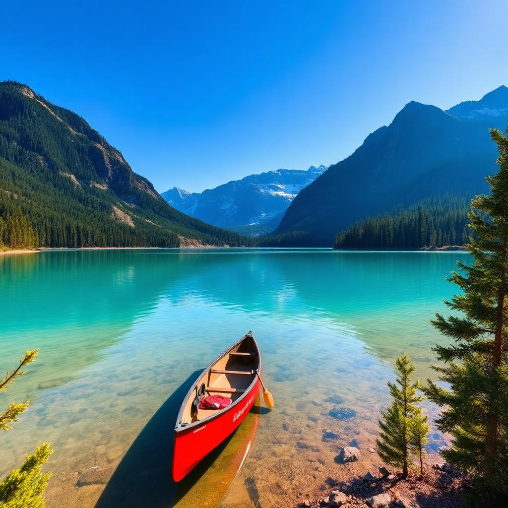 A red canoe on the turquoise waters of a Jasper mountain lake surrounded by evergreen forest and Rocky Mountain peaks
