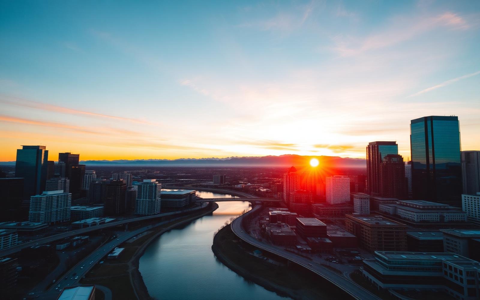 Aerial view of downtown Calgary at sunset with the Bow River