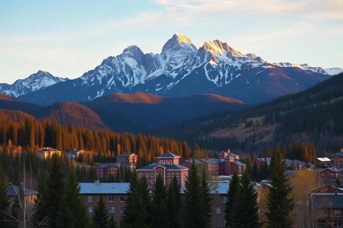 The Three Sisters peaks rising above the town of Canmore