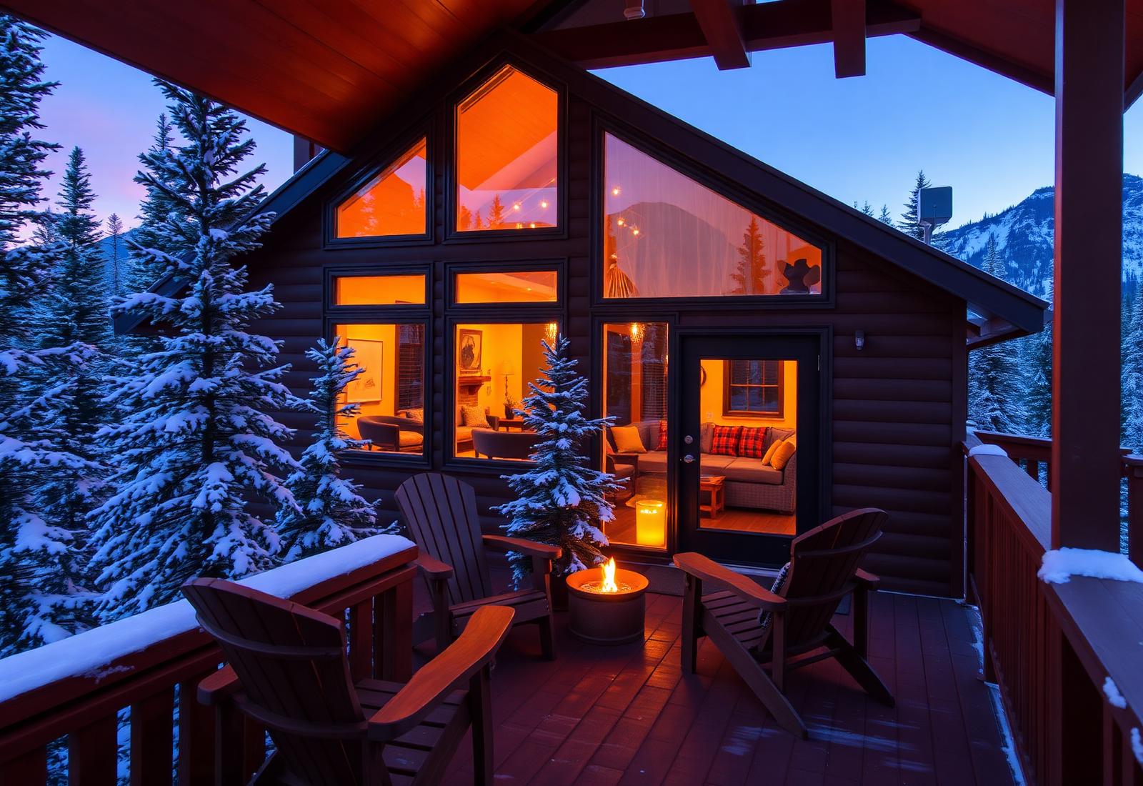 Warmly lit Canmore mountain cabin at dusk with snow-dusted pines