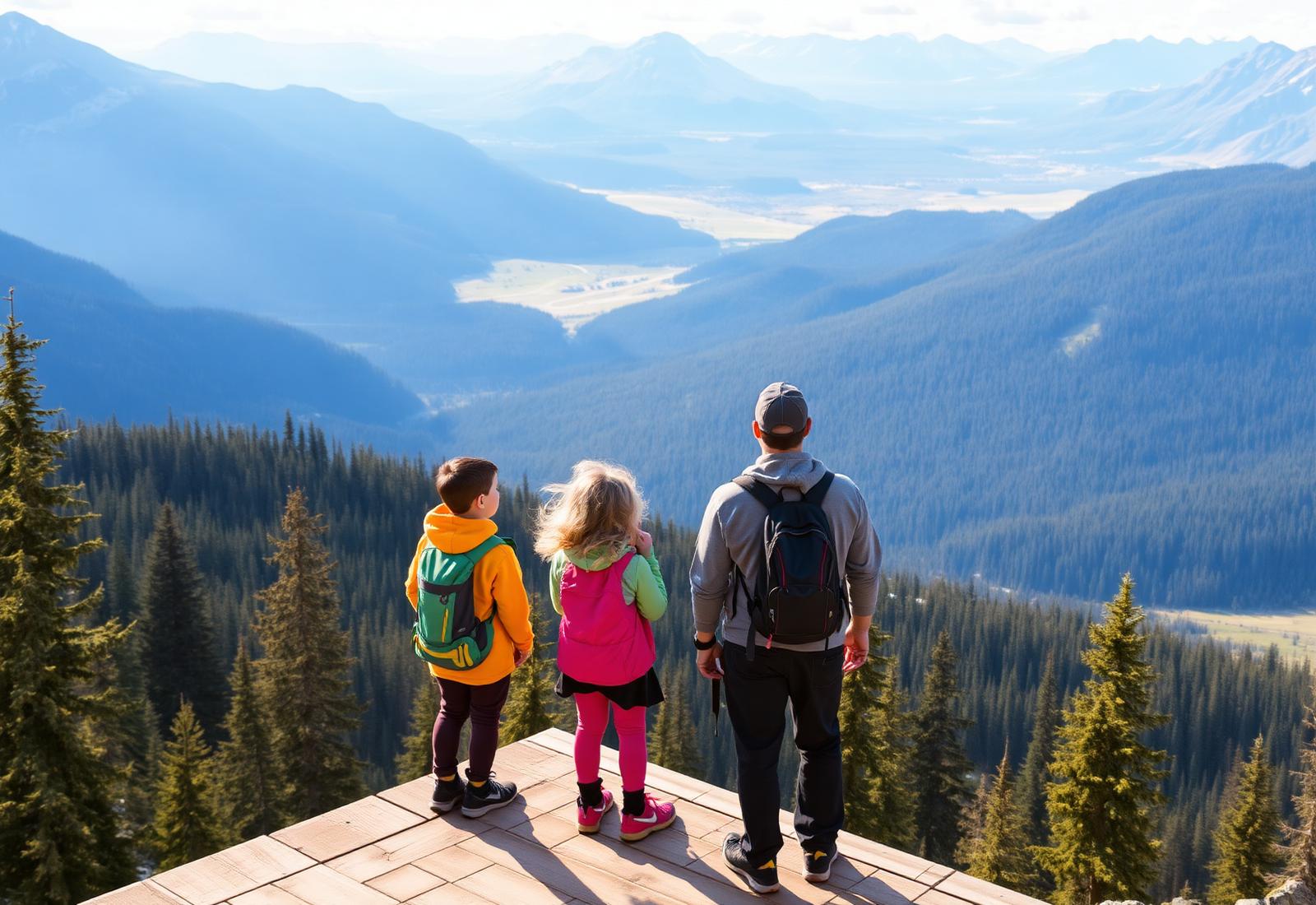 Family on a lookout in Jasper overlooking a valley of evergreen forest